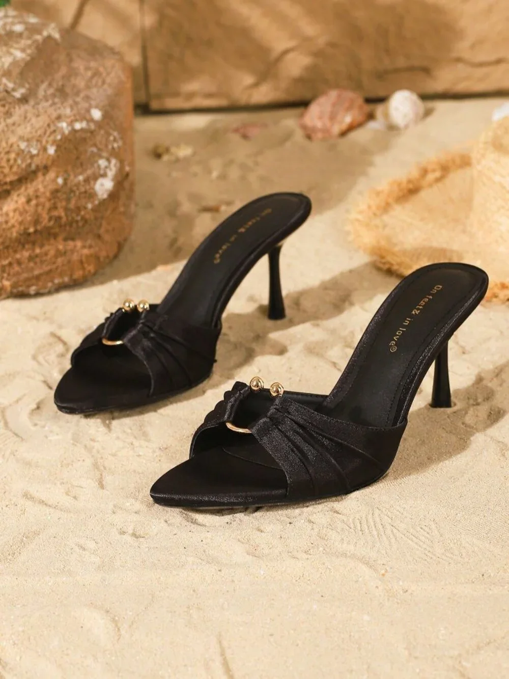 Black Elegant Women's Satin Metal detail Open Toe Slippers High Heel Sandals
